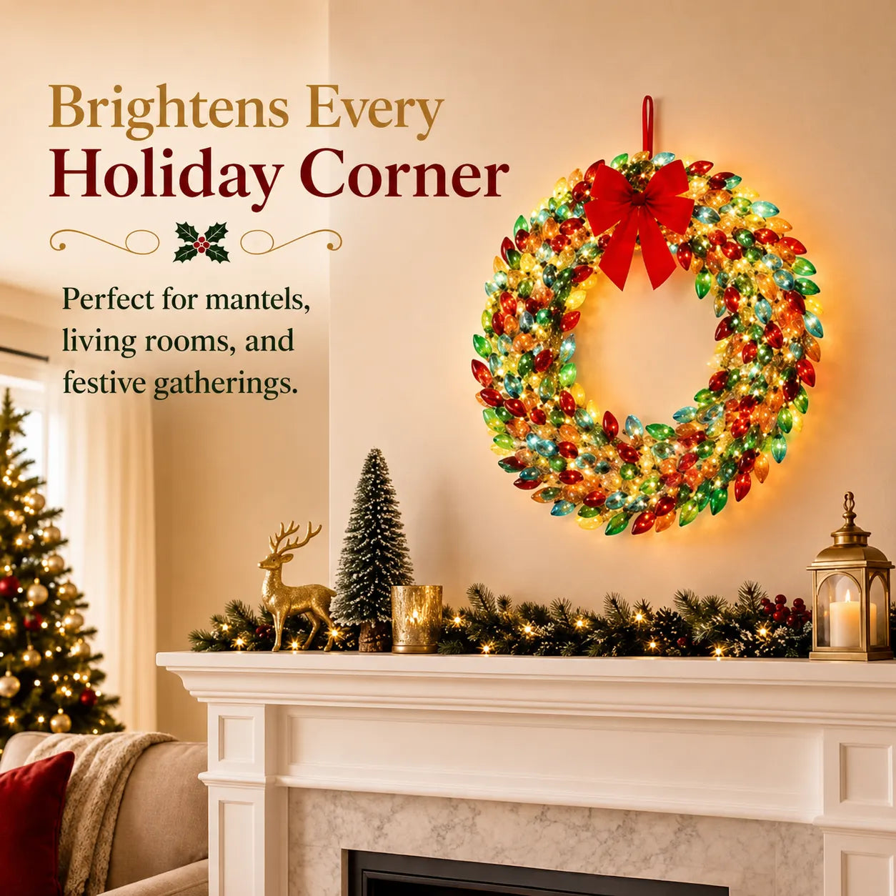 Multicolor Lighted Christmas Bulb Wreath 5