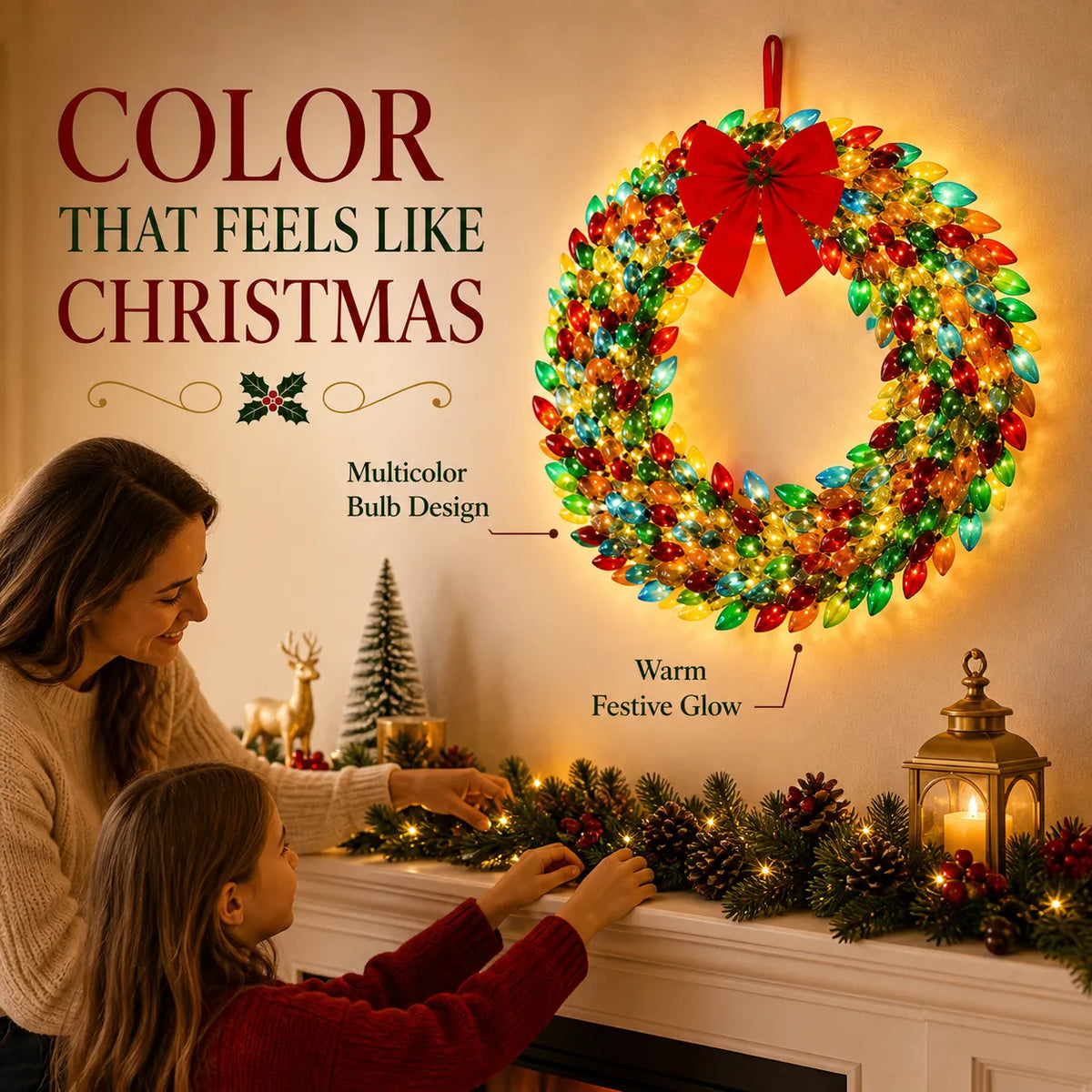 Multicolor Lighted Christmas Bulb Wreath 2