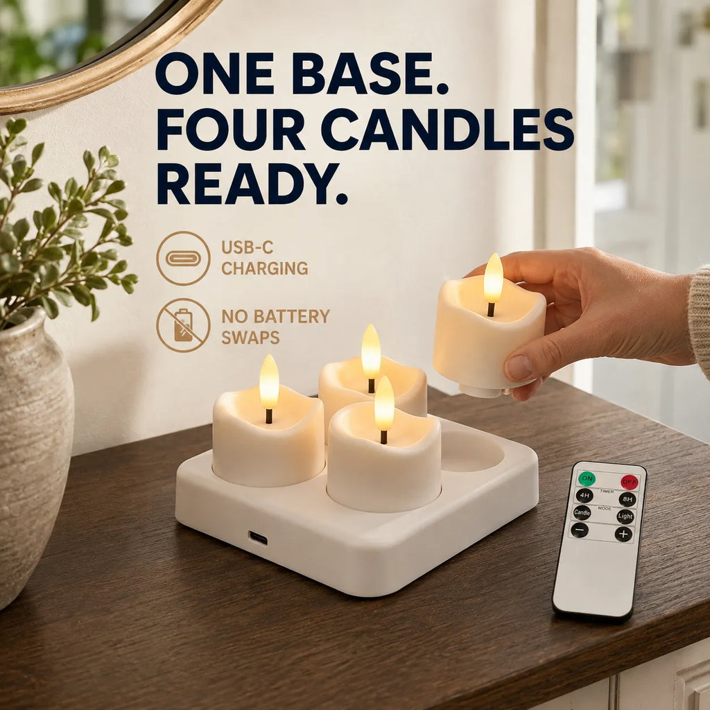 Rechargeable Flameless Candle Set with Charging Base & Remote 2