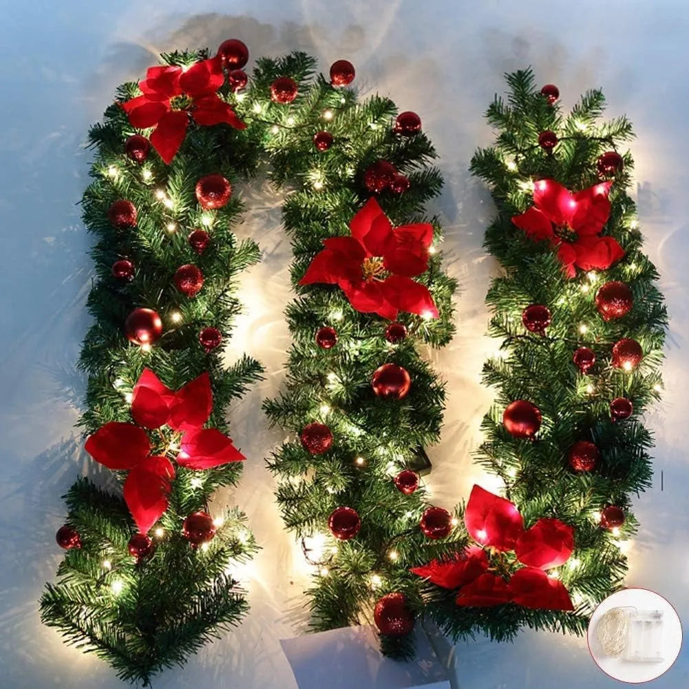 Pre-Lit Christmas Garland with Red Poinsettias & Warm Lights 4