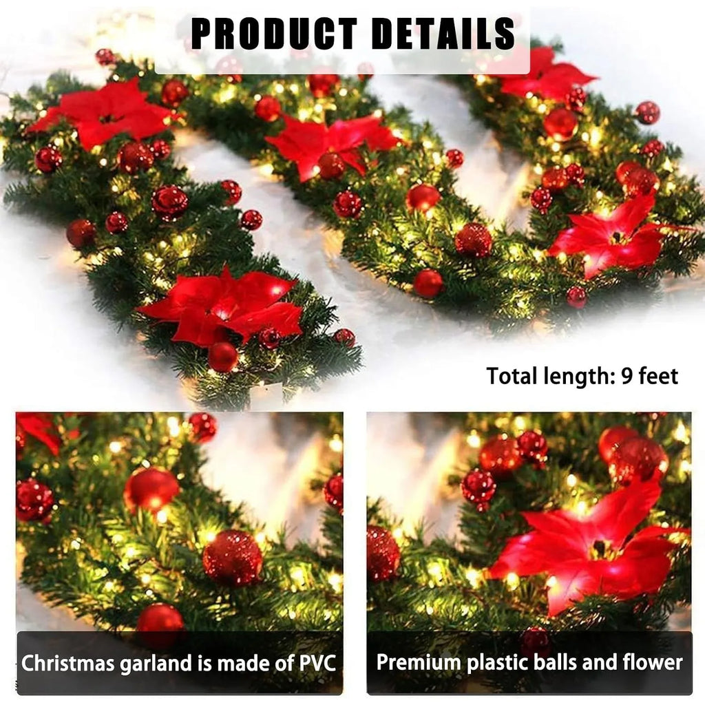 Pre-Lit Christmas Garland with Red Poinsettias & Warm Lights 7