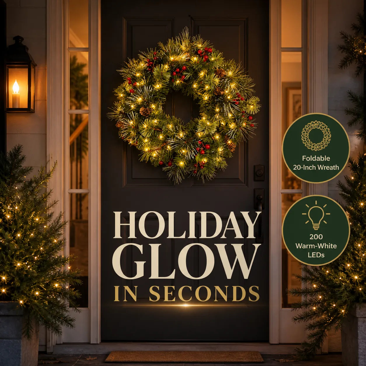 Foldable Pre-Lit Christmas Wreath with 200 Warm-White LEDs 3