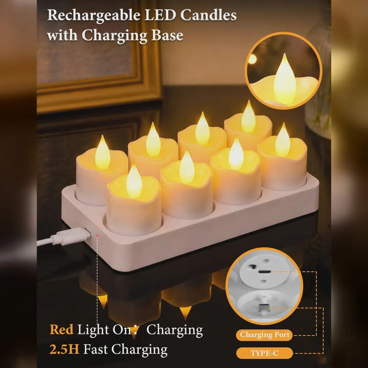 Rechargeable Flameless Candle Set with Charging Base & Remote 6
