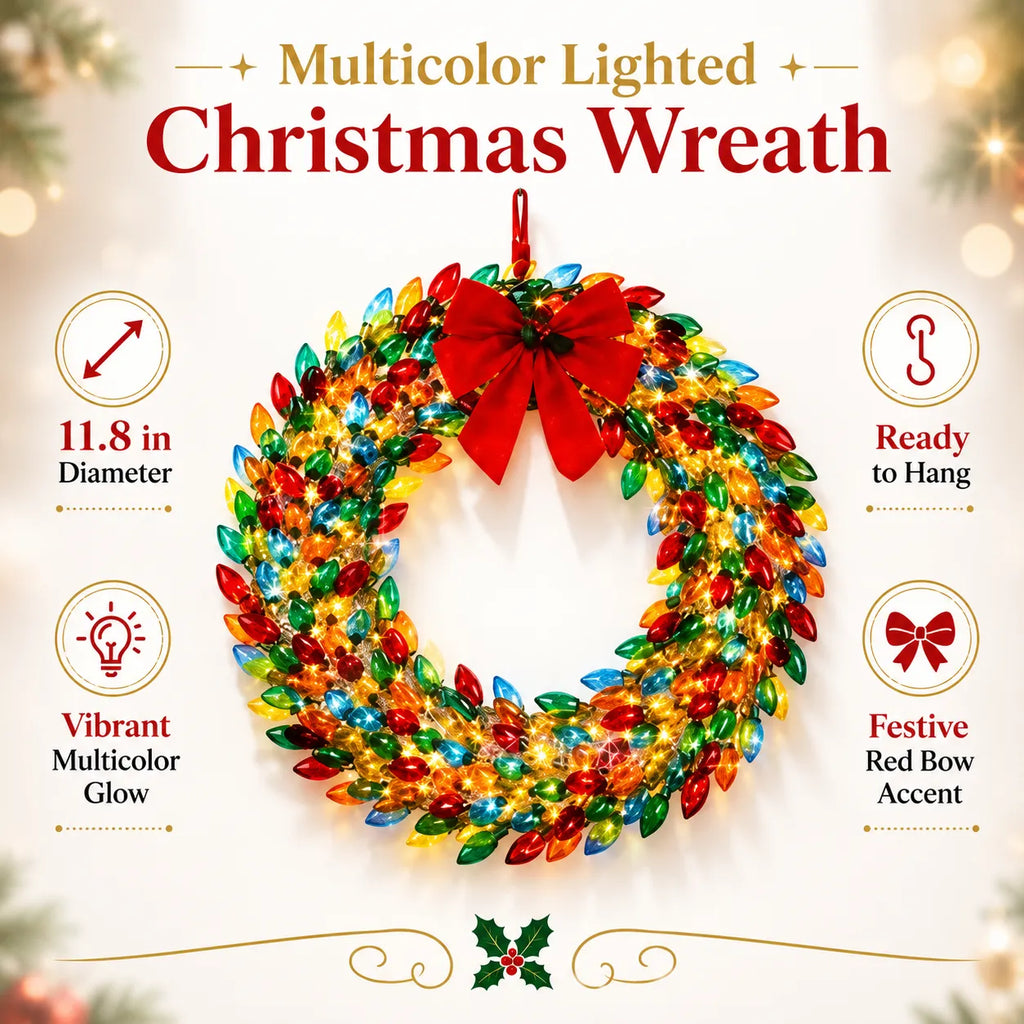 Multicolor Lighted Christmas Bulb Wreath 6