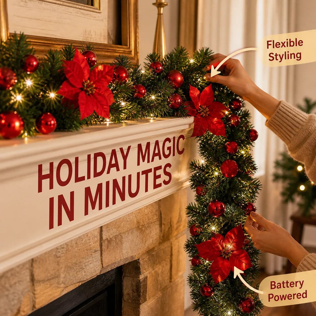Pre-Lit Christmas Garland with Red Poinsettias & Warm Lights 2