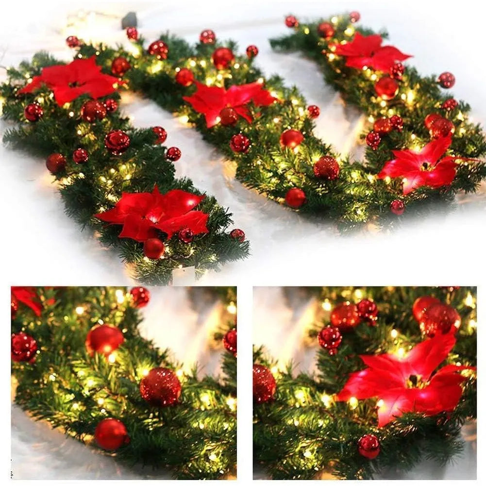 Pre-Lit Christmas Garland with Red Poinsettias & Warm Lights 6