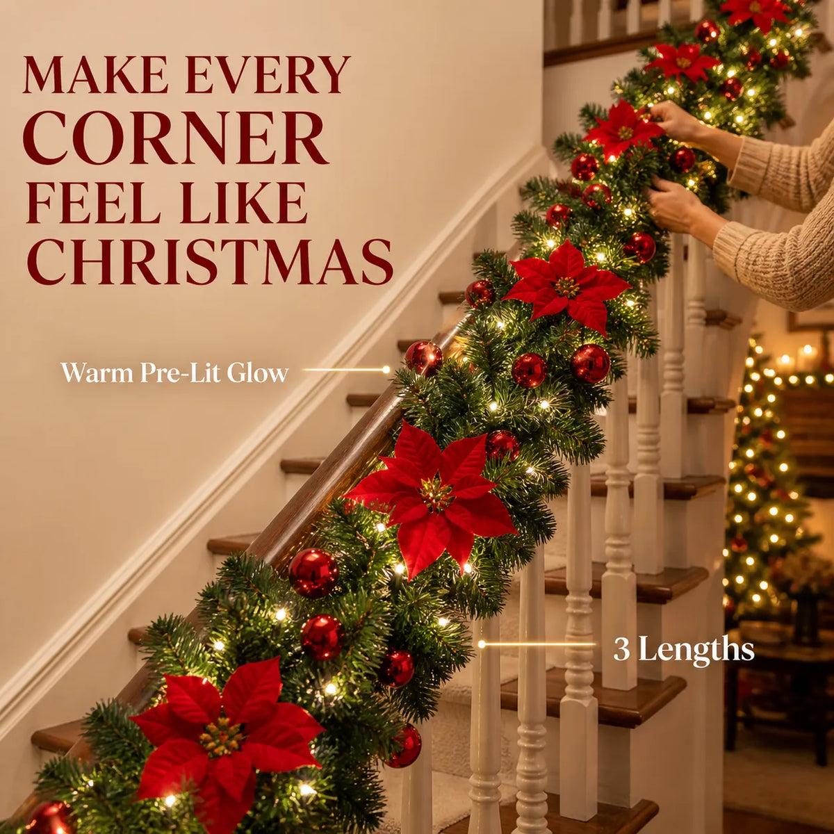 Pre-Lit Christmas Garland with Red Poinsettias & Warm Lights