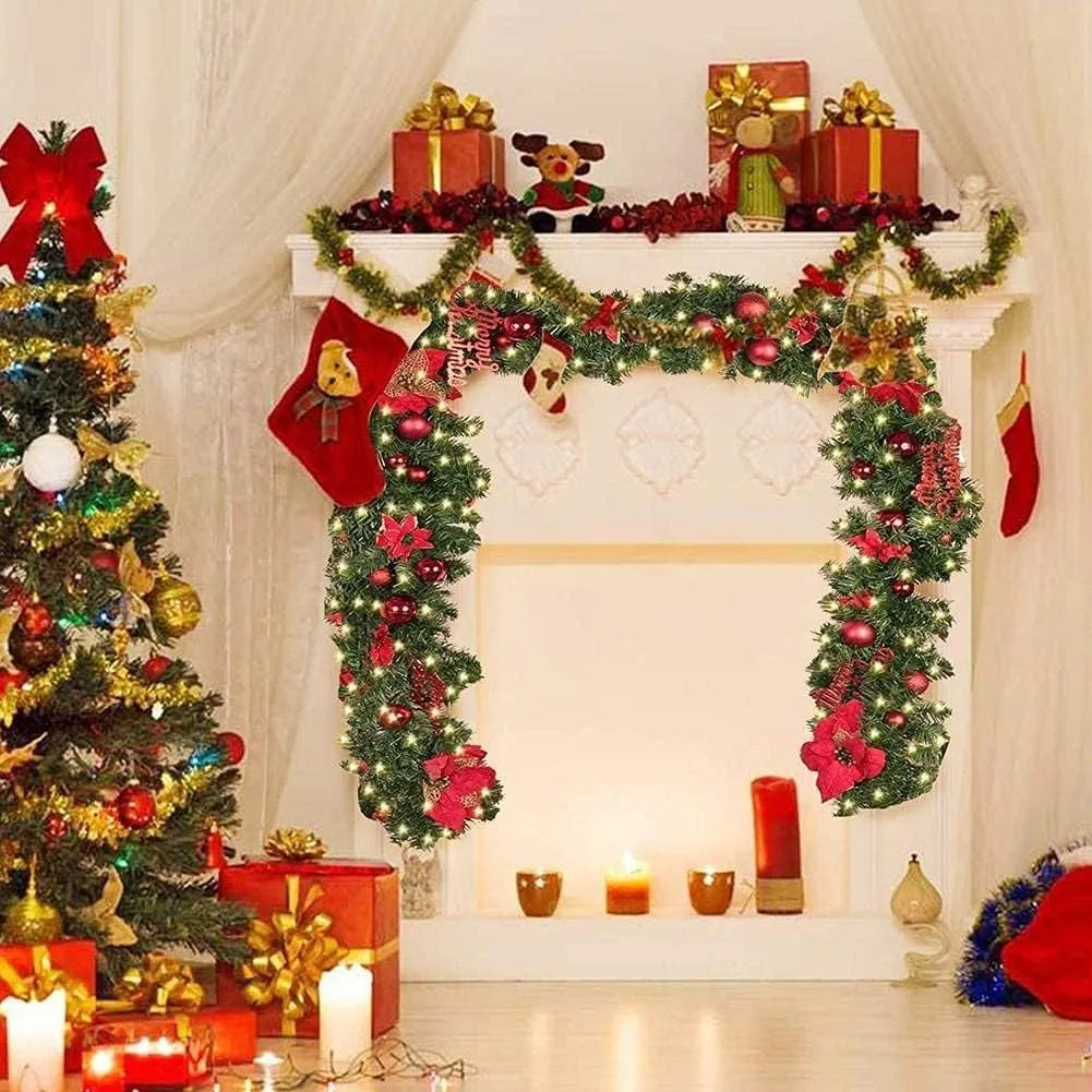 Pre-Lit Christmas Garland with Red Poinsettias & Warm Lights 3