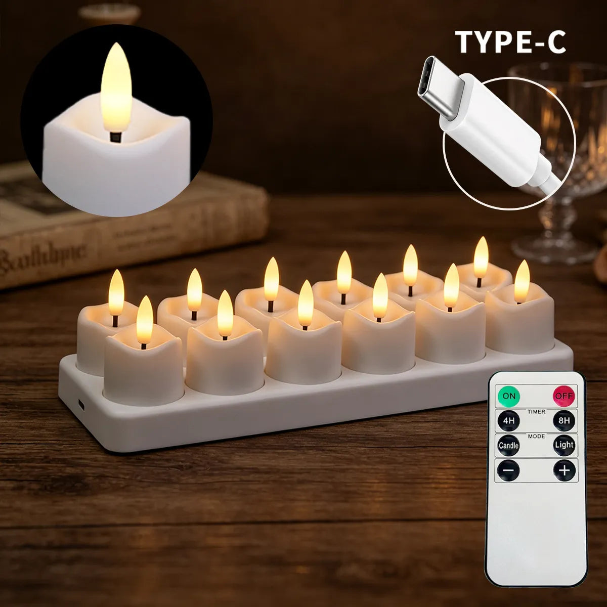 Rechargeable Flameless Candle Set with Charging Base & Remote 10