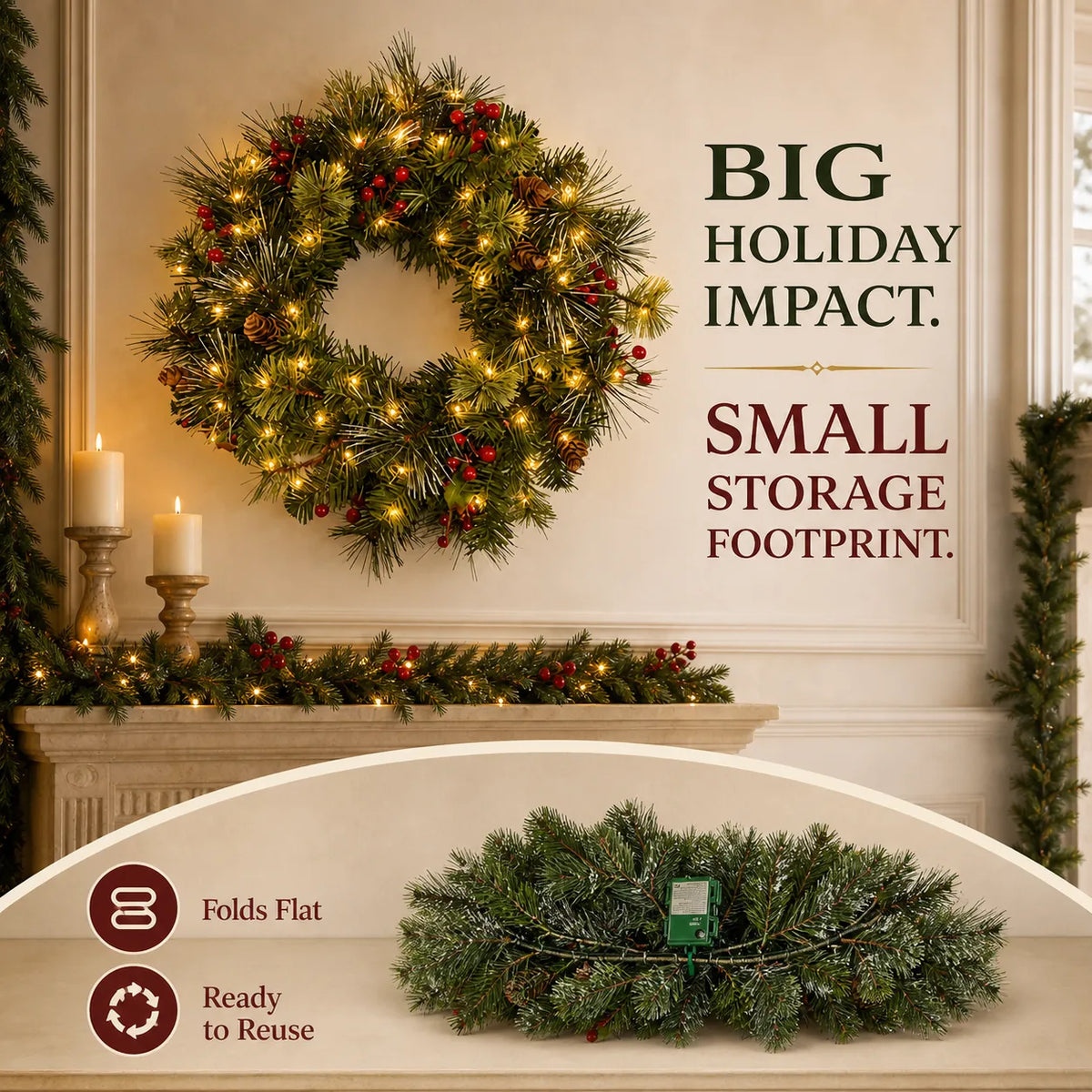 Foldable Pre-Lit Christmas Wreath with 200 Warm-White LEDs 4