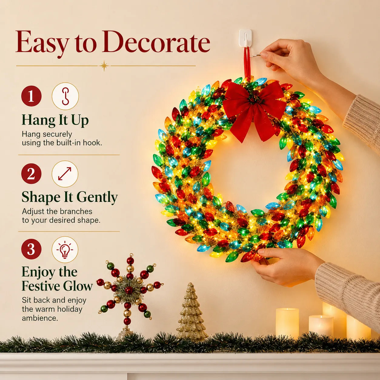 Multicolor Lighted Christmas Bulb Wreath 3